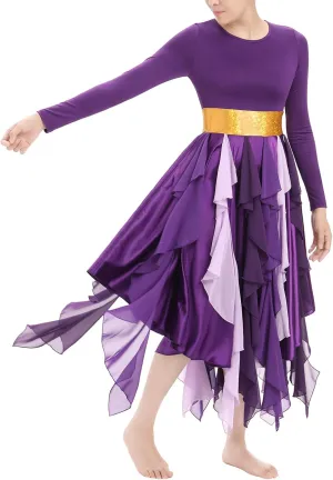 AFAVOM Women Gold Metallic Praise Dance Dress Asymmetric Ruffle Overlay Dress Liturgical Lyrical Dancewear Worship Costume