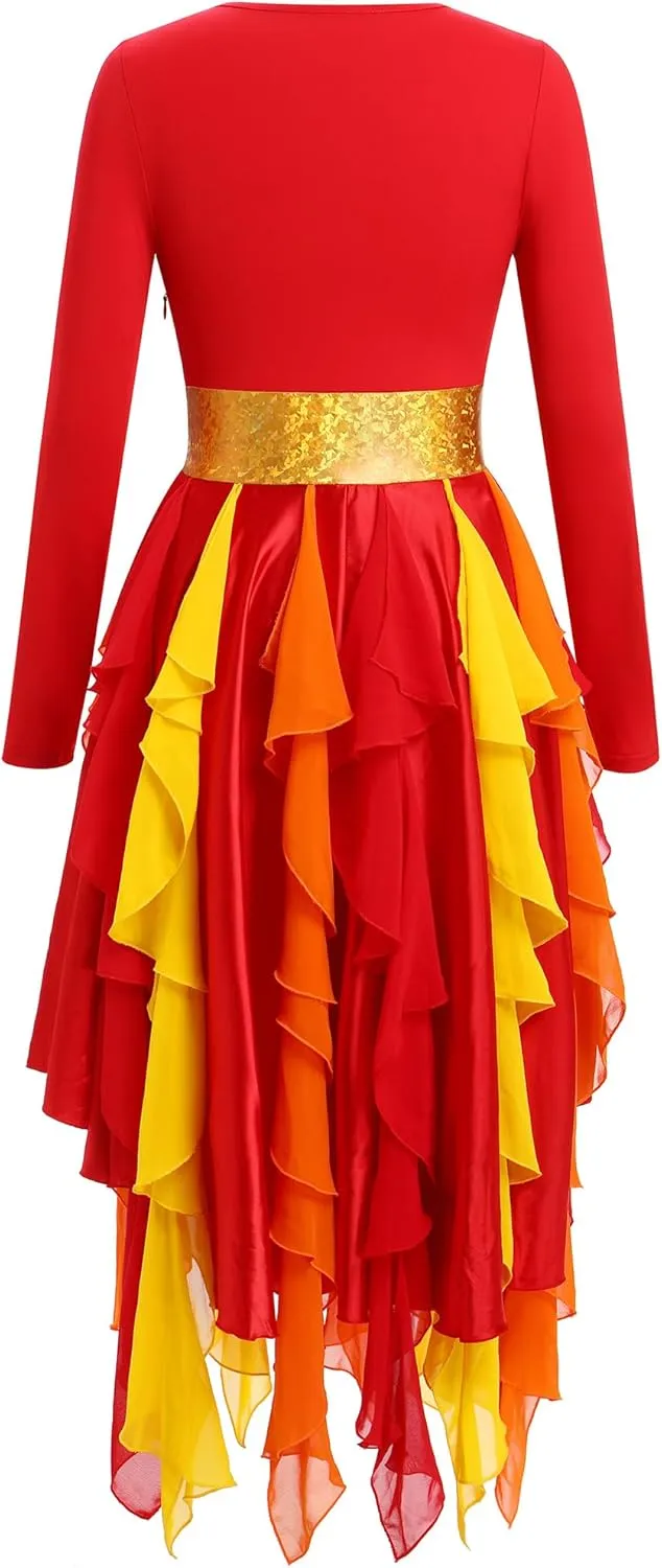 AFAVOM Women Gold Metallic Praise Dance Dress Asymmetric Ruffle Overlay Dress Liturgical Lyrical Dancewear Worship Costume