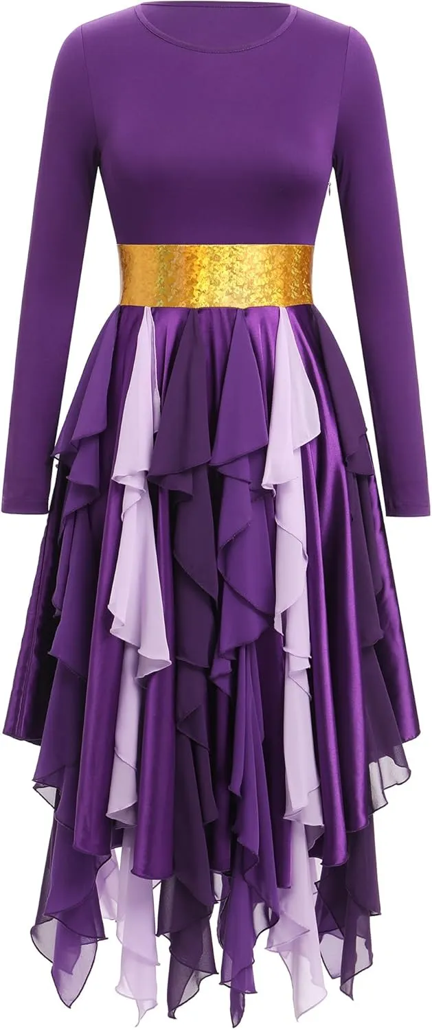 AFAVOM Women Gold Metallic Praise Dance Dress Asymmetric Ruffle Overlay Dress Liturgical Lyrical Dancewear Worship Costume