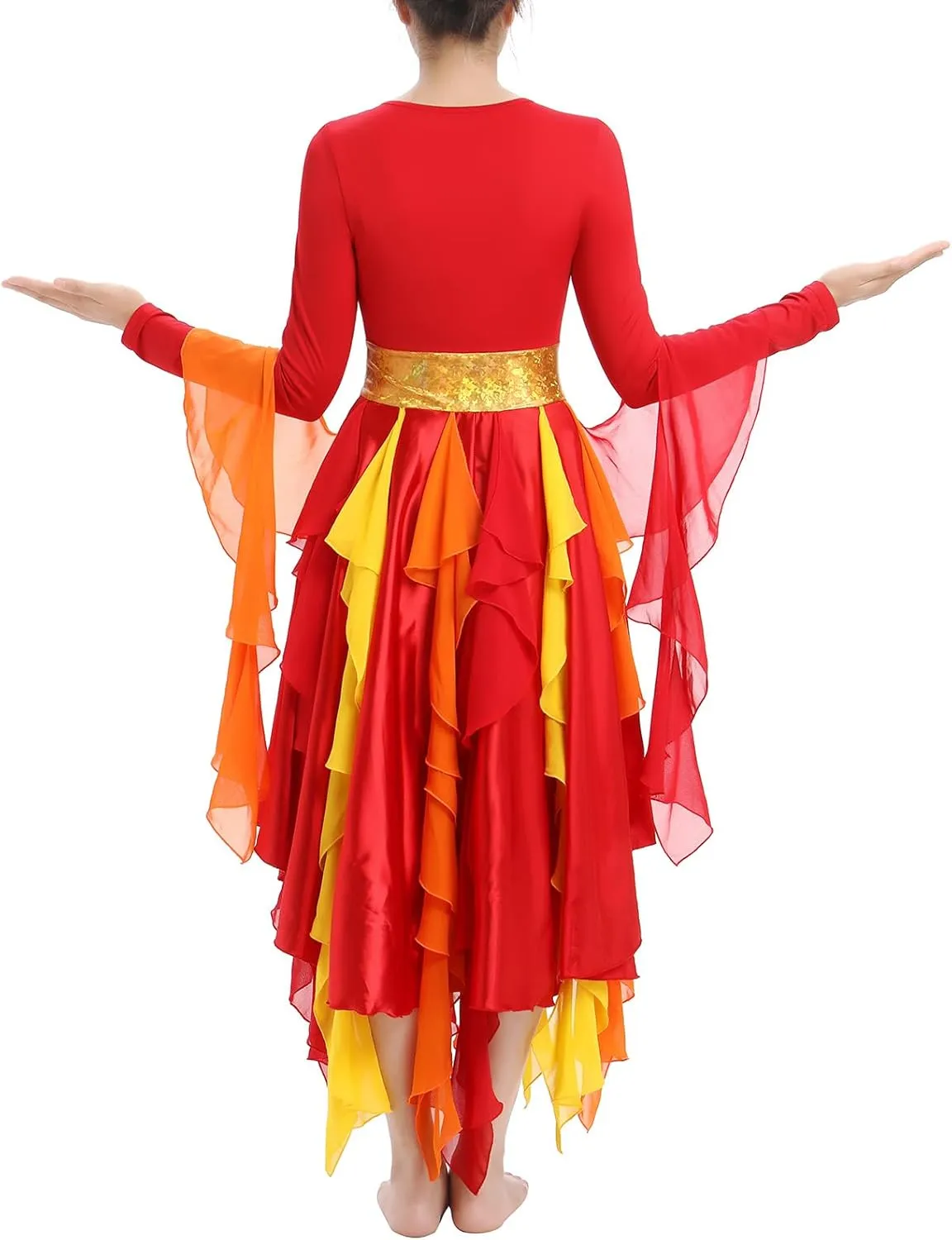 AFAVOM Women Gold Metallic Praise Dance Dress Asymmetric Ruffle Overlay Dress Liturgical Lyrical Dancewear Worship Costume