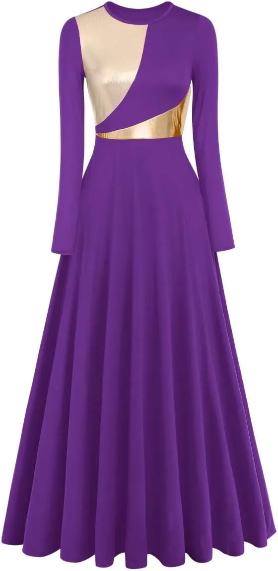 AFAVOM Women Metallic Color Block Praise Dance Dress Full Length Long Sleeve Worship Liturgical Lyrical Dancewear Costume