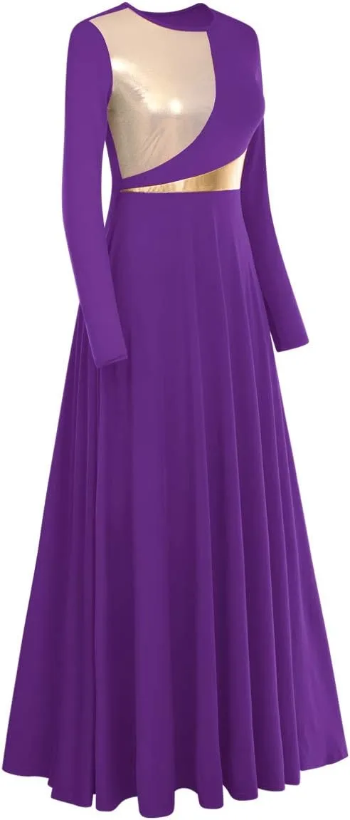 AFAVOM Women Metallic Color Block Praise Dance Dress Full Length Long Sleeve Worship Liturgical Lyrical Dancewear Costume