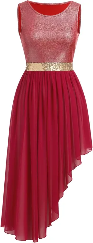 AFAVOM Women Metallic Sequin Praise Dance Dress Asymmetric Ruffle Overlay Dress Liturgical Lyrical Dancewear Worship Costume