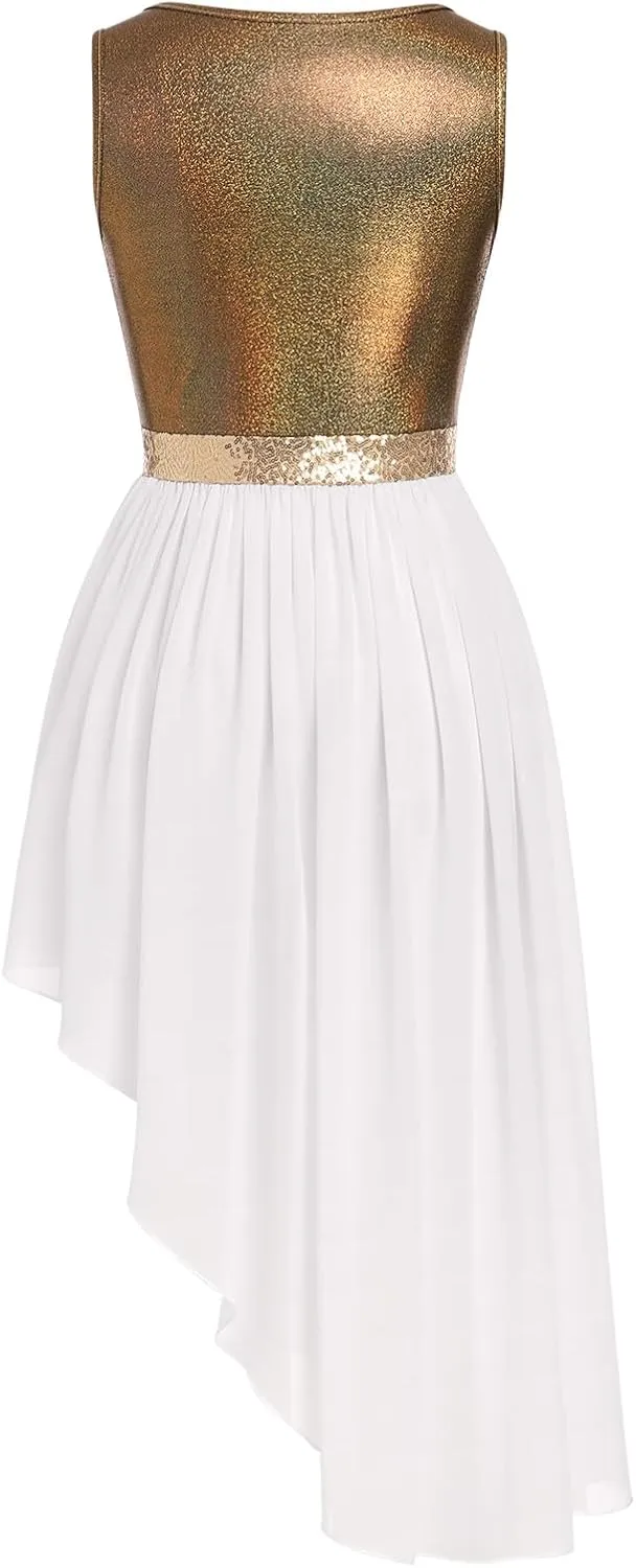 AFAVOM Women Metallic Sequin Praise Dance Dress Asymmetric Ruffle Overlay Dress Liturgical Lyrical Dancewear Worship Costume