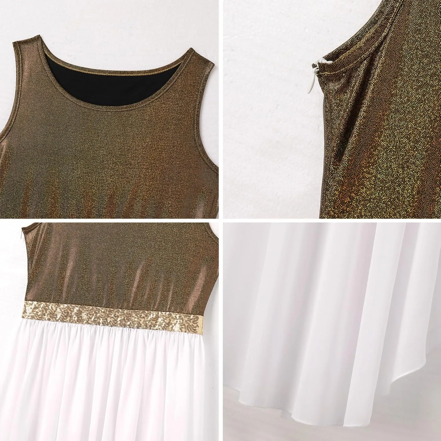 AFAVOM Women Metallic Sequin Praise Dance Dress Asymmetric Ruffle Overlay Dress Liturgical Lyrical Dancewear Worship Costume