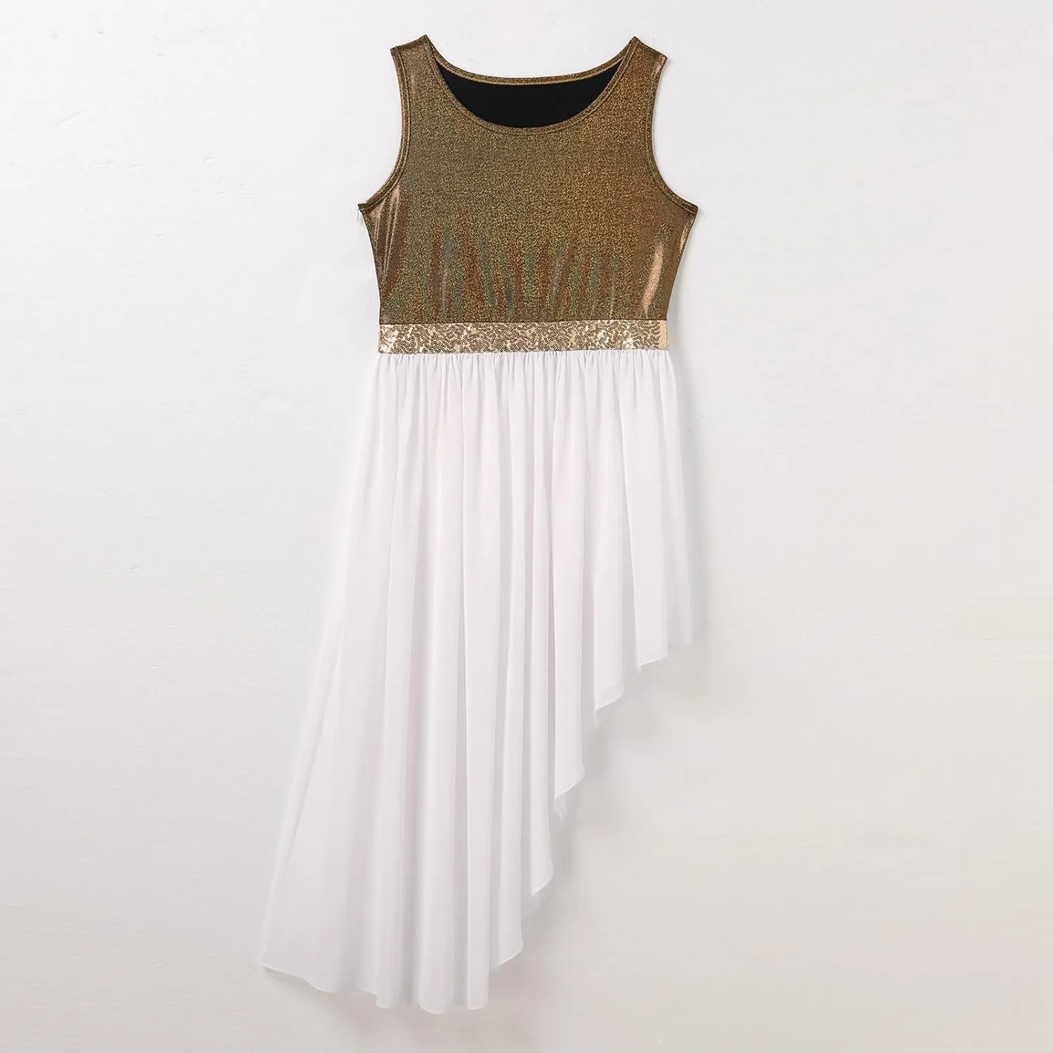 AFAVOM Women Metallic Sequin Praise Dance Dress Asymmetric Ruffle Overlay Dress Liturgical Lyrical Dancewear Worship Costume