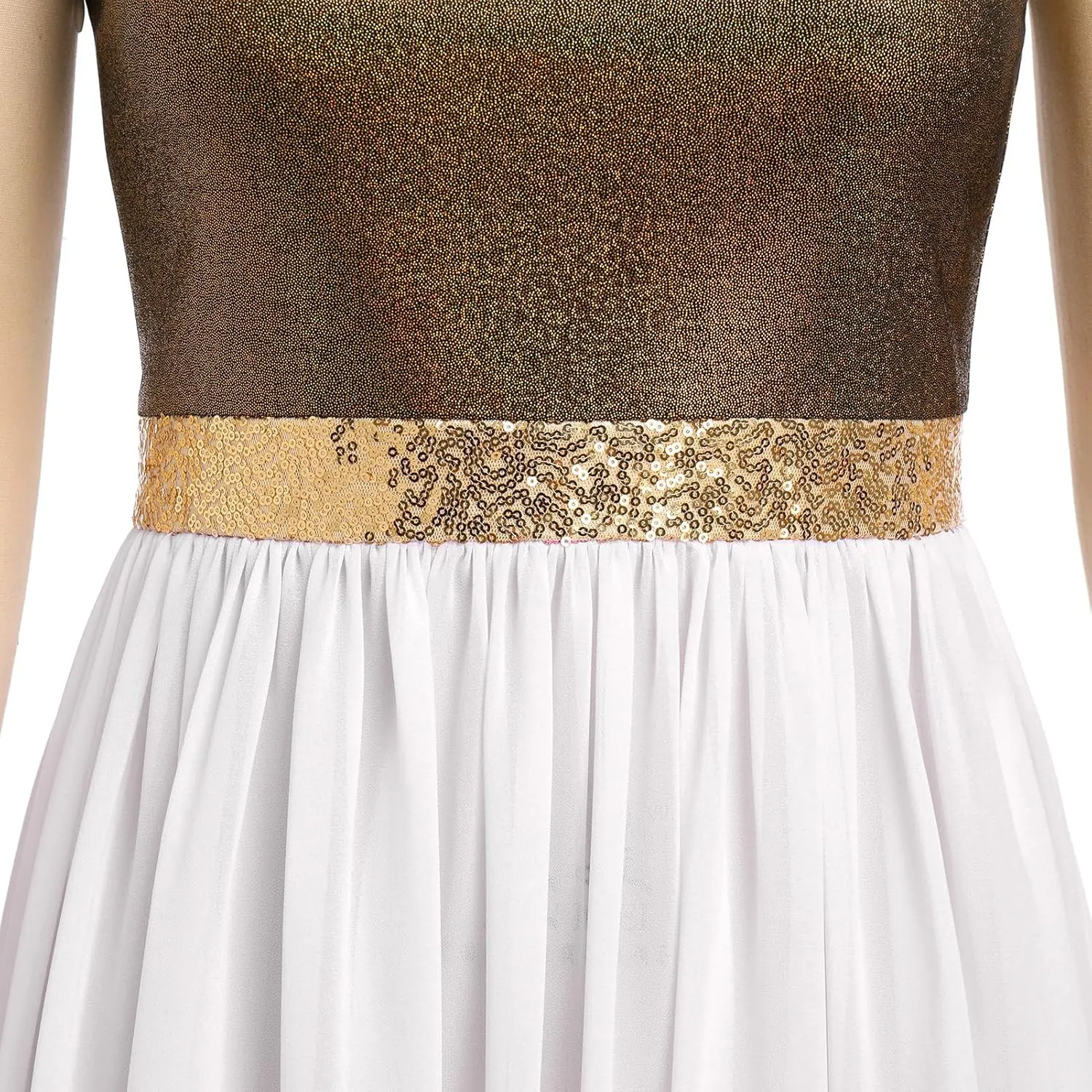 AFAVOM Women Metallic Sequin Praise Dance Dress Asymmetric Ruffle Overlay Dress Liturgical Lyrical Dancewear Worship Costume