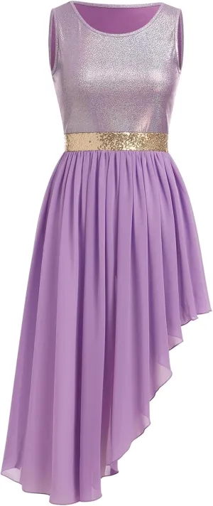 AFAVOM Women Metallic Sequin Praise Dance Dress Asymmetric Ruffle Overlay Dress Liturgical Lyrical Dancewear Worship Costume