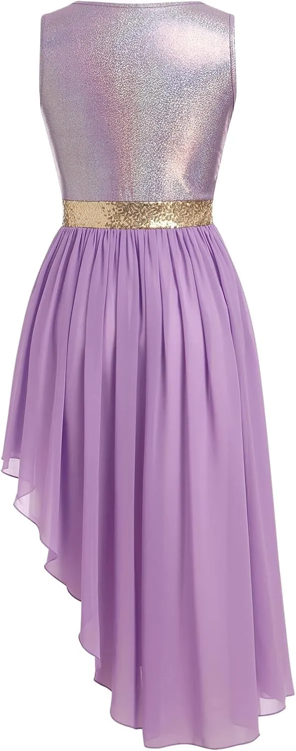 AFAVOM Women Metallic Sequin Praise Dance Dress Asymmetric Ruffle Overlay Dress Liturgical Lyrical Dancewear Worship Costume