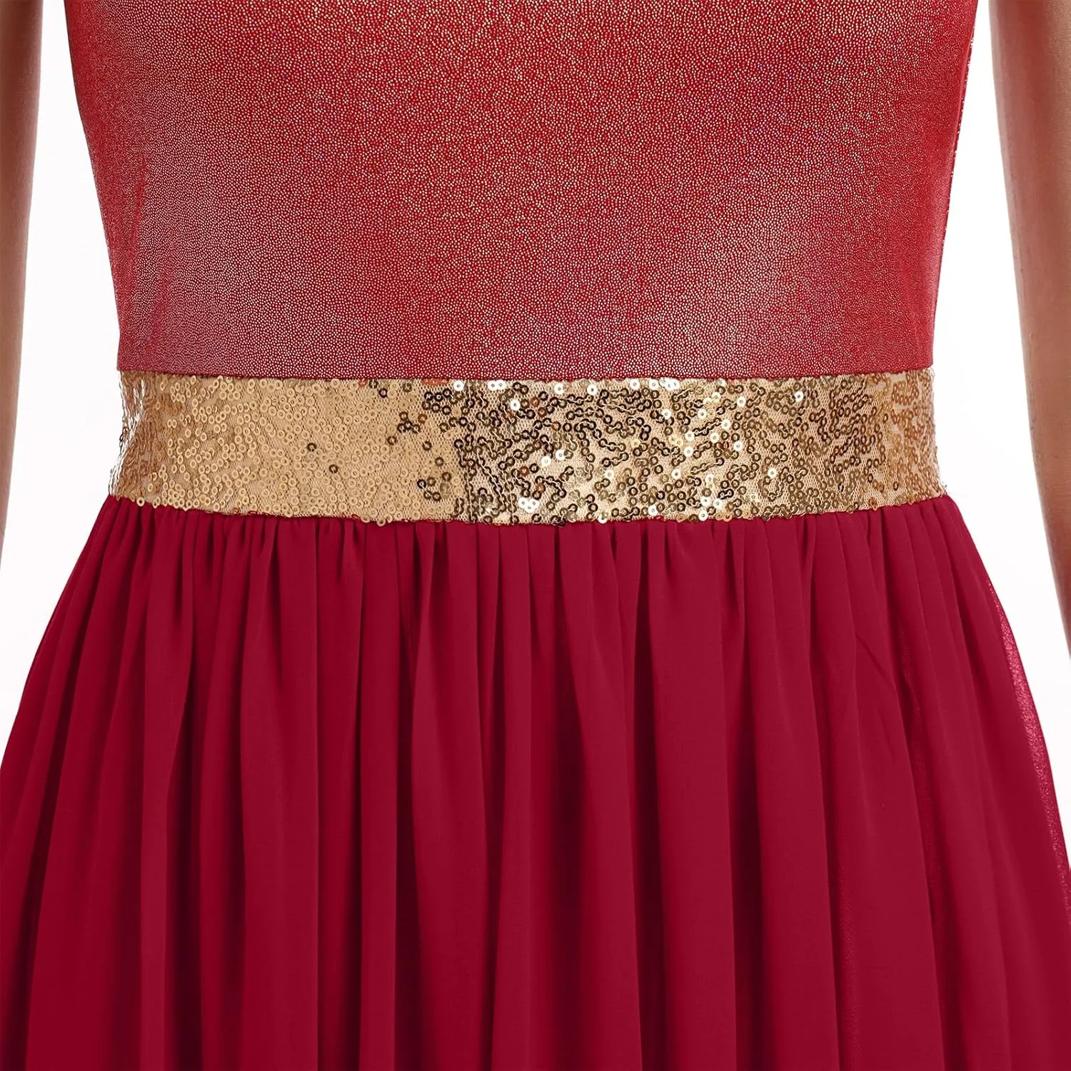 AFAVOM Women Metallic Sequin Praise Dance Dress Asymmetric Ruffle Overlay Dress Liturgical Lyrical Dancewear Worship Costume