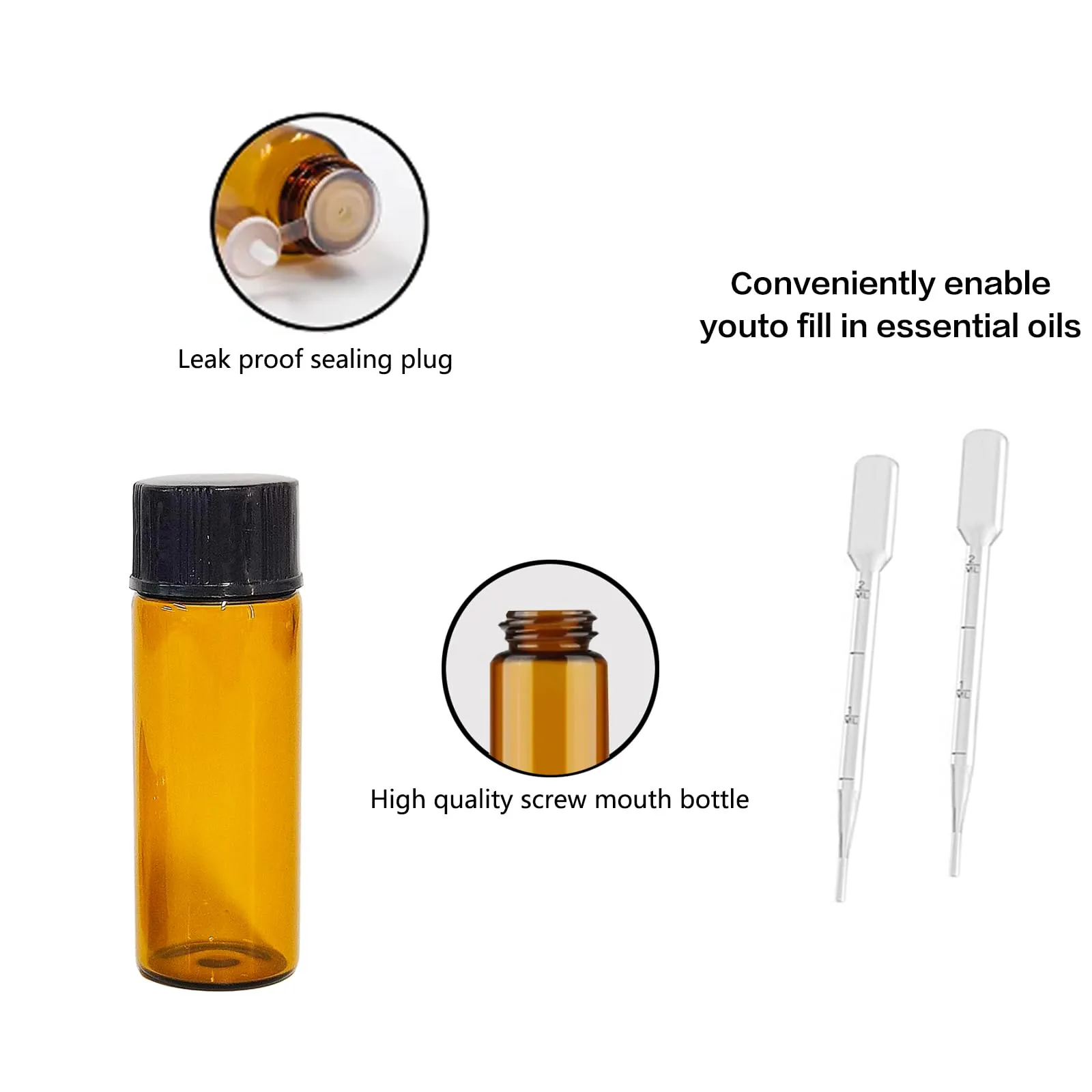 AGENIZ 50Pcs 3ml 5ml Amber Sample Bottles,Mini Glass Essential Oil Bottle, with Black Screw Caps, for Travel Essential Oil and Perfume Vials Bottles (5ML)