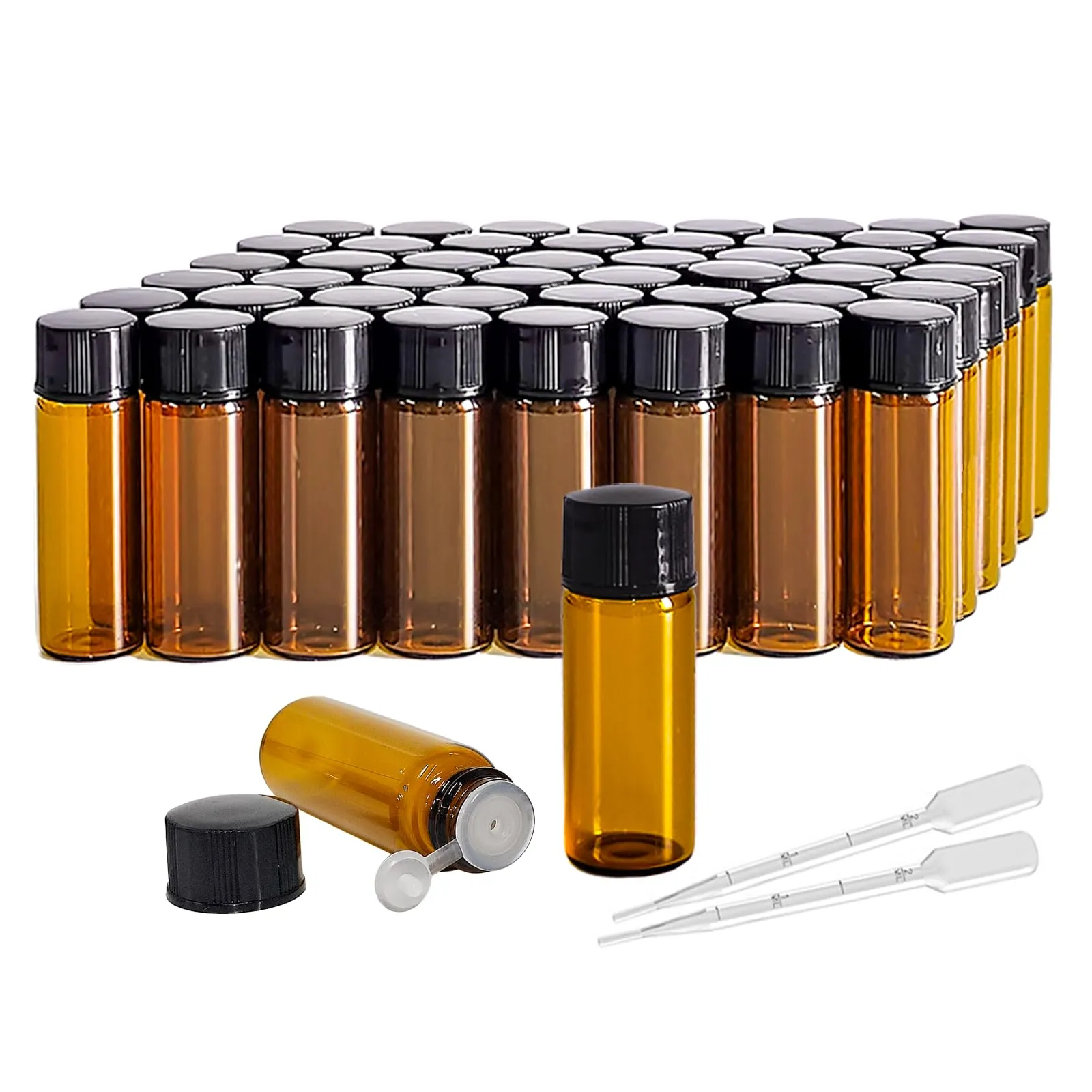 AGENIZ 50Pcs 3ml 5ml Amber Sample Bottles,Mini Glass Essential Oil Bottle, with Black Screw Caps, for Travel Essential Oil and Perfume Vials Bottles (5ML)