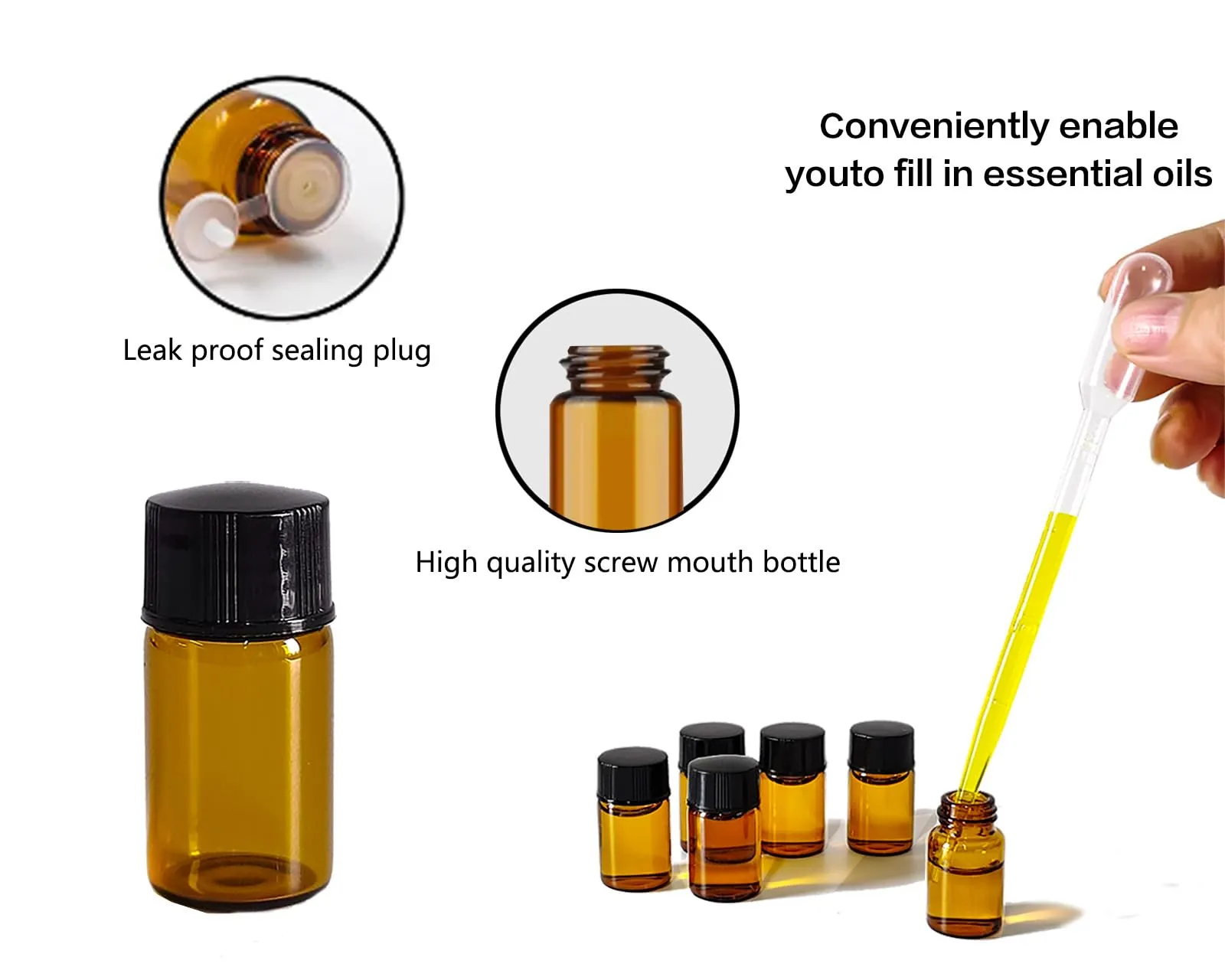 AGENIZ 50Pcs 3ml Amber Sample Bottles,Mini Glass Essential Oil Bottle, with Black Screw Caps, for Travel Essential Oil and Perfume Vials Bottles (3ML)
