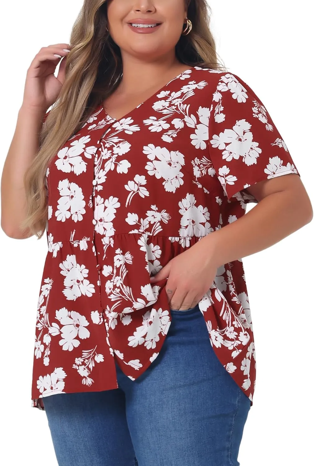 Agnes Orinda Plus Size Top for Women Chiffon Shirts V Neck Ruffle Short Sleeve Floral Peplum Tops