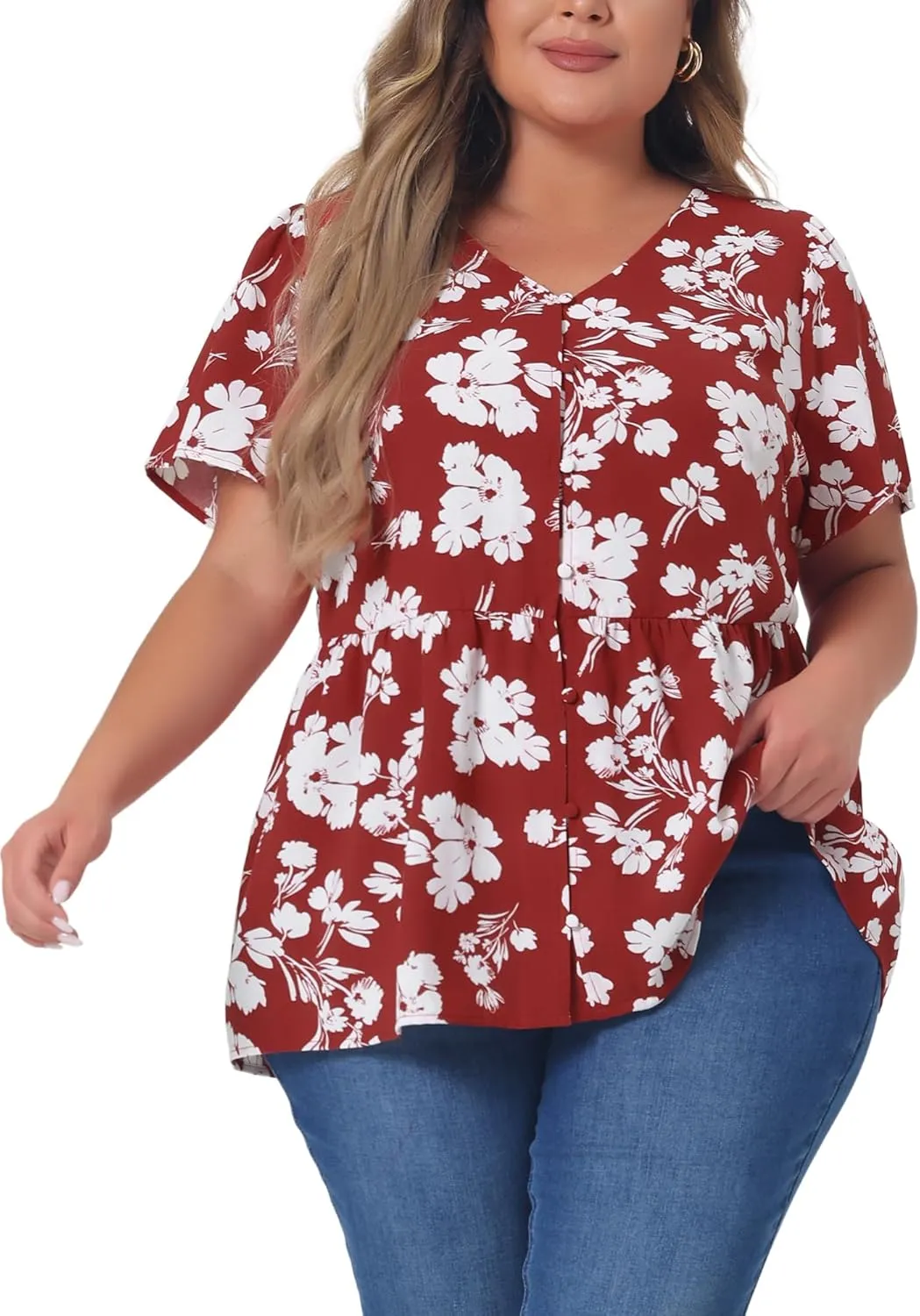 Agnes Orinda Plus Size Top for Women Chiffon Shirts V Neck Ruffle Short Sleeve Floral Peplum Tops