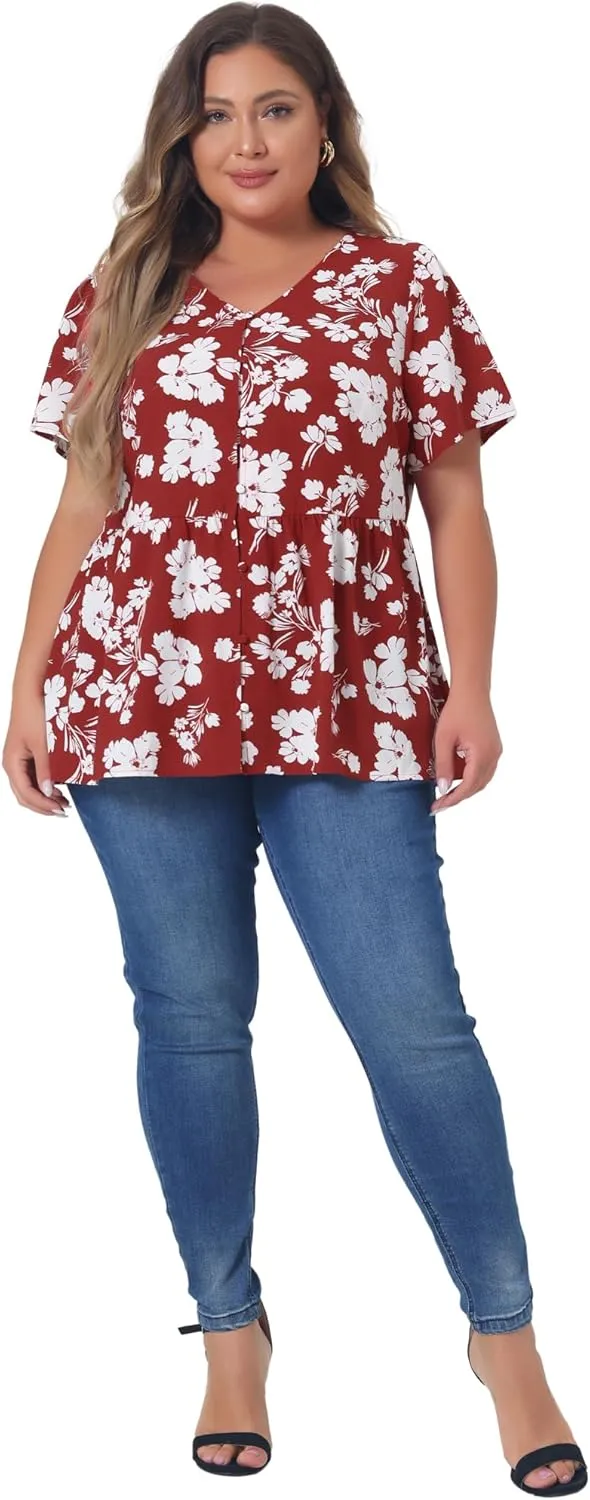 Agnes Orinda Plus Size Top for Women Chiffon Shirts V Neck Ruffle Short Sleeve Floral Peplum Tops