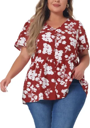 Agnes Orinda Plus Size Top for Women Chiffon Shirts V Neck Ruffle Short Sleeve Floral Peplum Tops