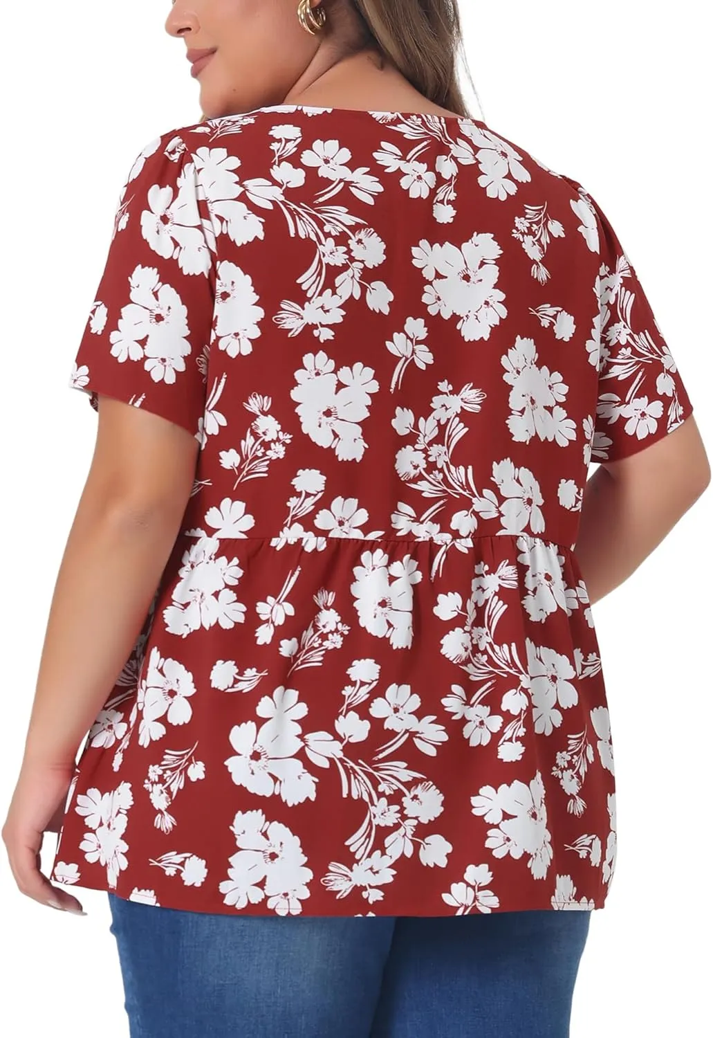 Agnes Orinda Plus Size Top for Women Chiffon Shirts V Neck Ruffle Short Sleeve Floral Peplum Tops