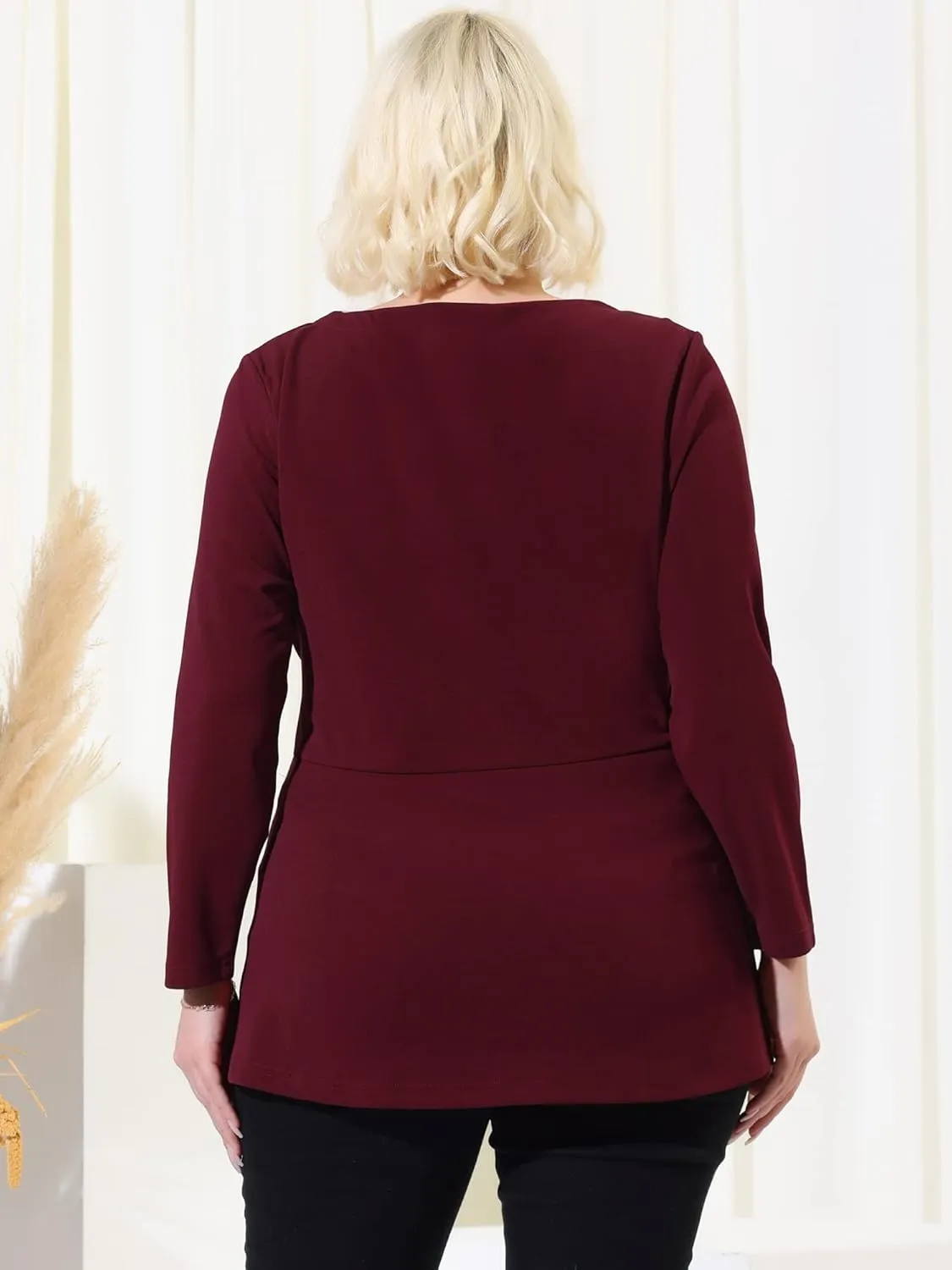 Agnes Orinda Women's Plus Size Blouses Long Sleeve V Neck Knit Belted Knot Tie Work Top Blouse 2024