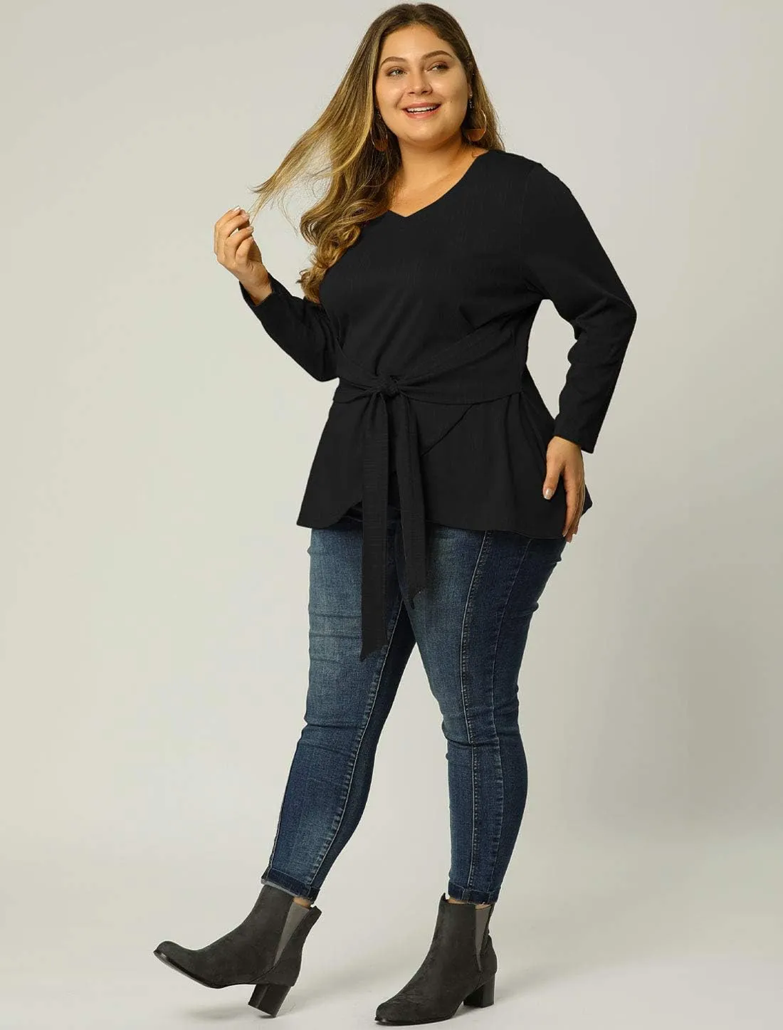 Agnes Orinda Women's Plus Size Blouses Long Sleeve V Neck Knit Belted Knot Tie Work Top Blouse 2024