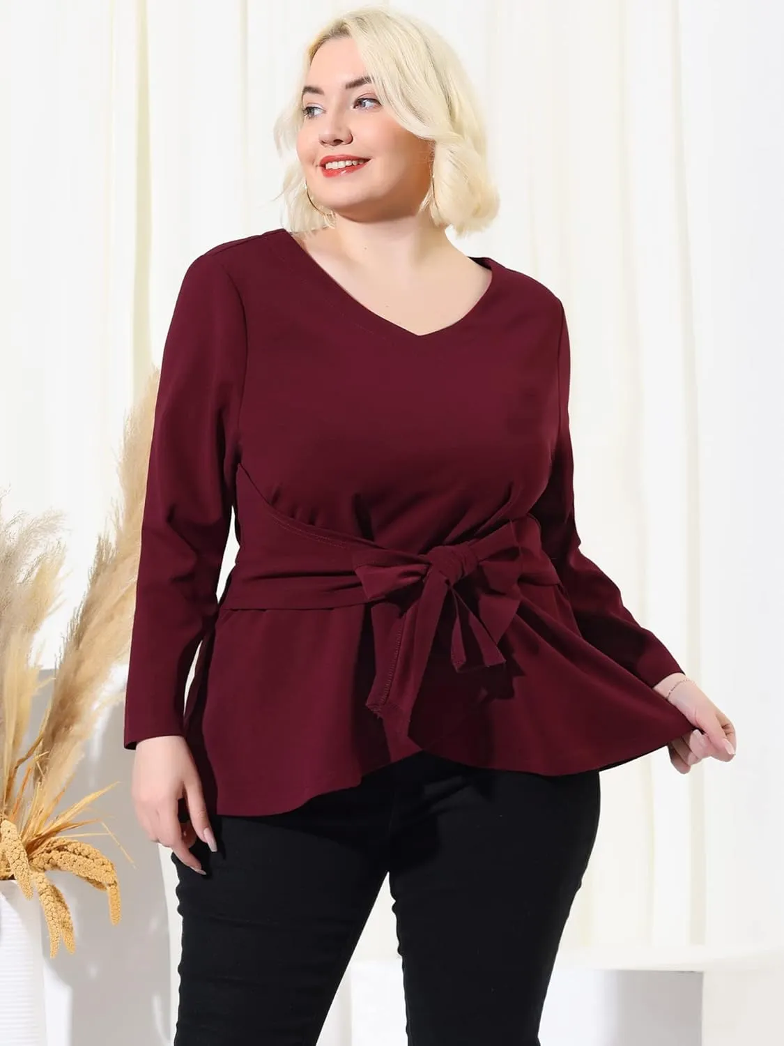 Agnes Orinda Women's Plus Size Blouses Long Sleeve V Neck Knit Belted Knot Tie Work Top Blouse 2024