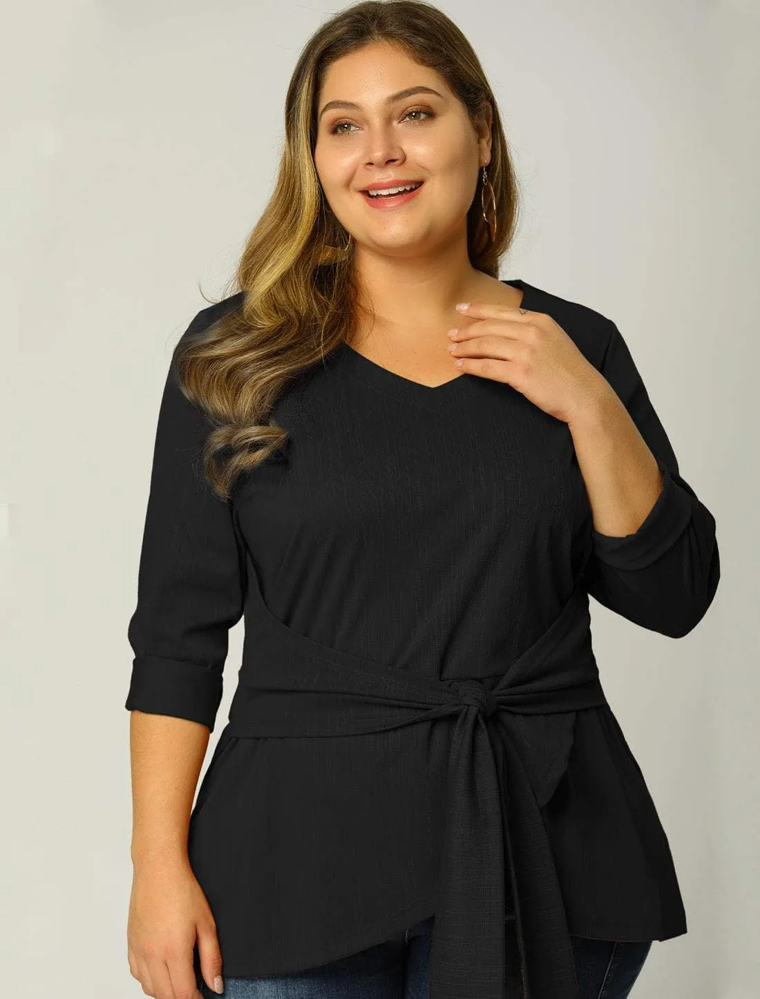 Agnes Orinda Women's Plus Size Blouses Long Sleeve V Neck Knit Belted Knot Tie Work Top Blouse 2024