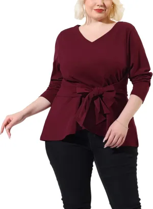 Agnes Orinda Women's Plus Size Blouses Long Sleeve V Neck Knit Belted Knot Tie Work Top Blouse 2024