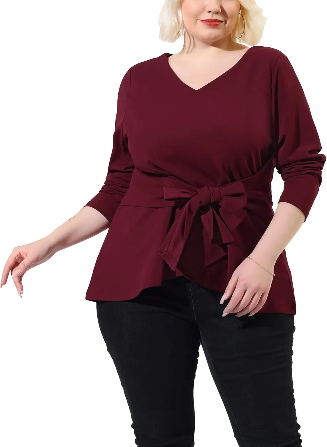 Agnes Orinda Women's Plus Size Blouses Long Sleeve V Neck Knit Belted Knot Tie Work Top Blouse 2024