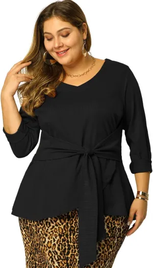 Agnes Orinda Women's Plus Size Blouses Long Sleeve V Neck Knit Belted Knot Tie Work Top Blouse 2024