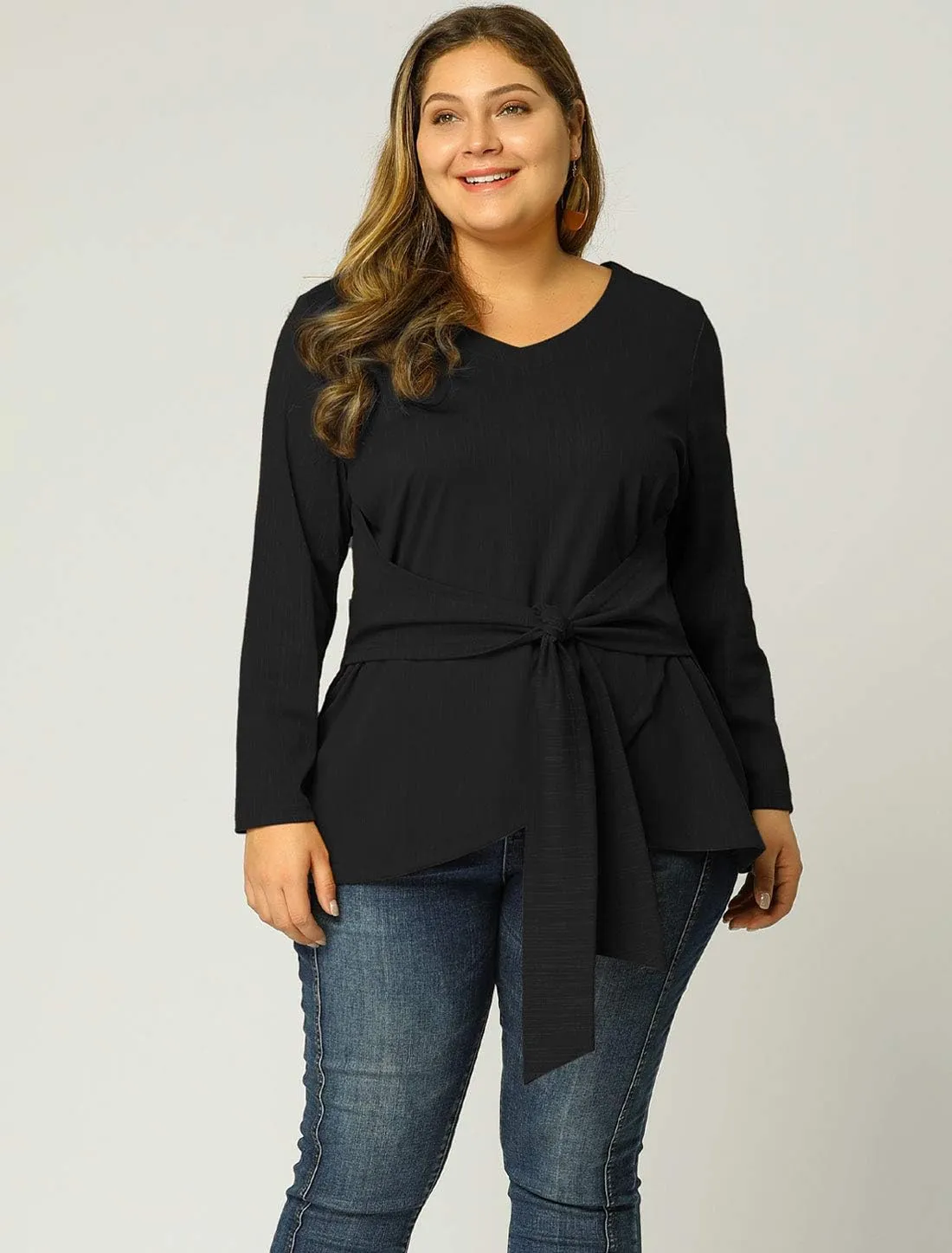 Agnes Orinda Women's Plus Size Blouses Long Sleeve V Neck Knit Belted Knot Tie Work Top Blouse 2024