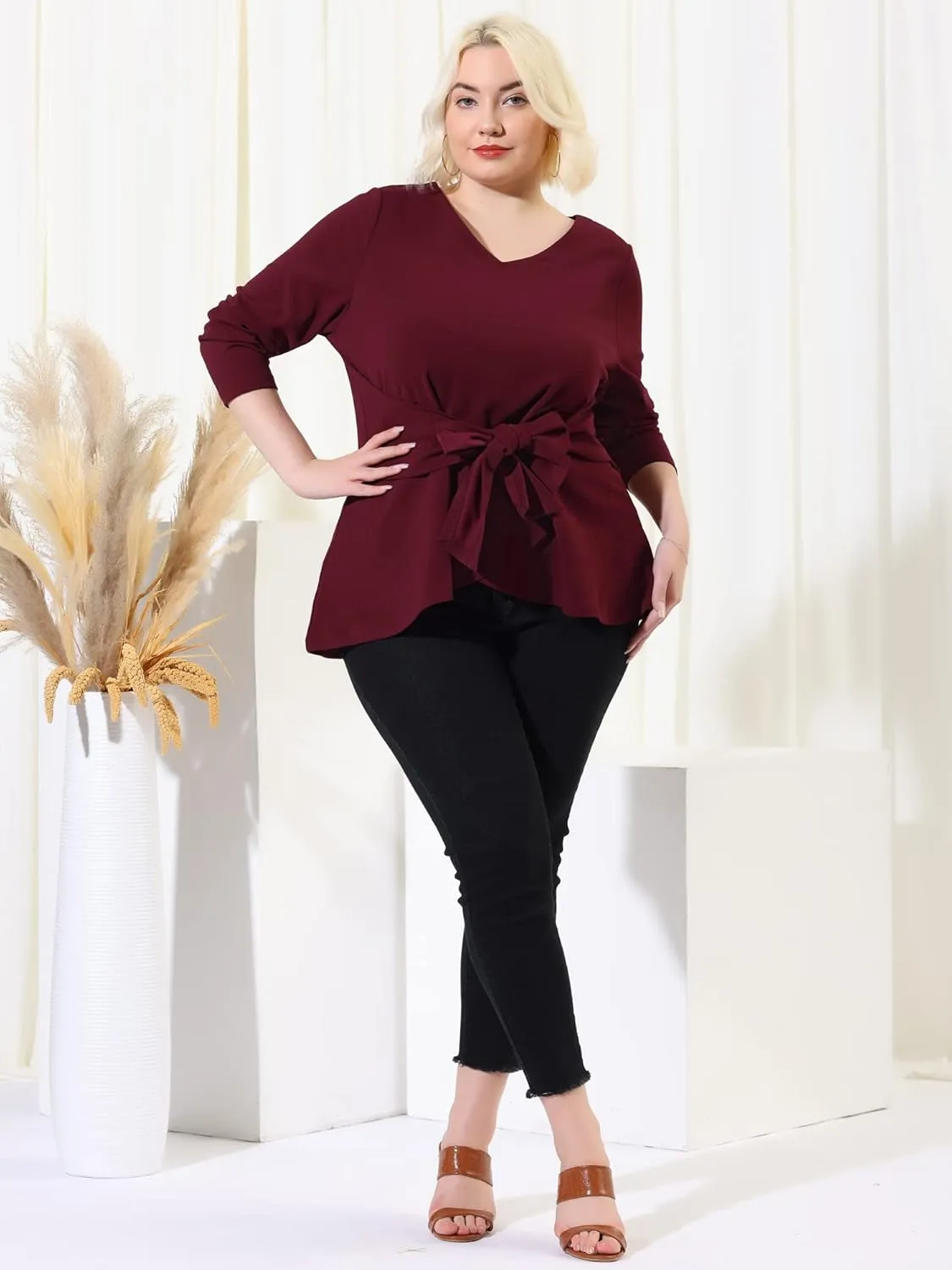 Agnes Orinda Women's Plus Size Blouses Long Sleeve V Neck Knit Belted Knot Tie Work Top Blouse 2024