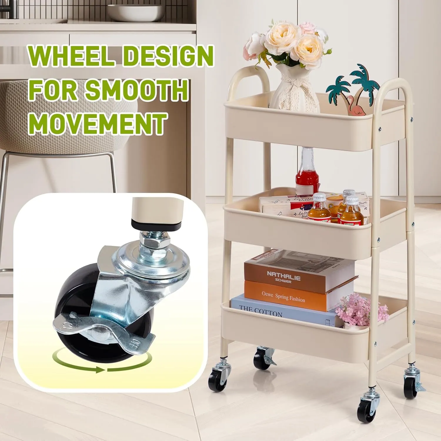 AGTEK 3-Tier Rolling Carts with Wheels, Rolling Utility Cart with Iron Frame for Kitchen, Plastic Shelves, Living Room, Office, Beige