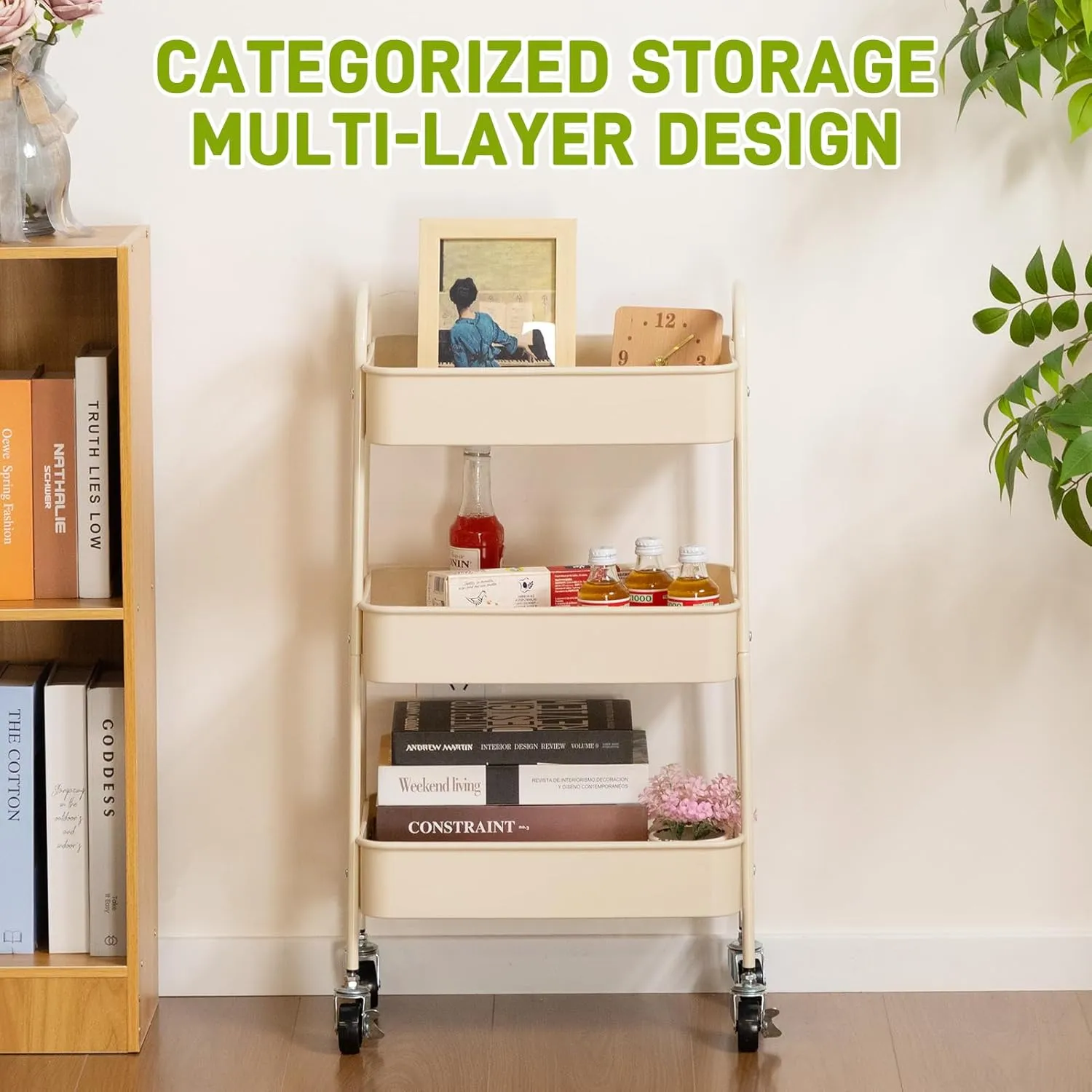 AGTEK 3-Tier Rolling Carts with Wheels, Rolling Utility Cart with Iron Frame for Kitchen, Plastic Shelves, Living Room, Office, Beige