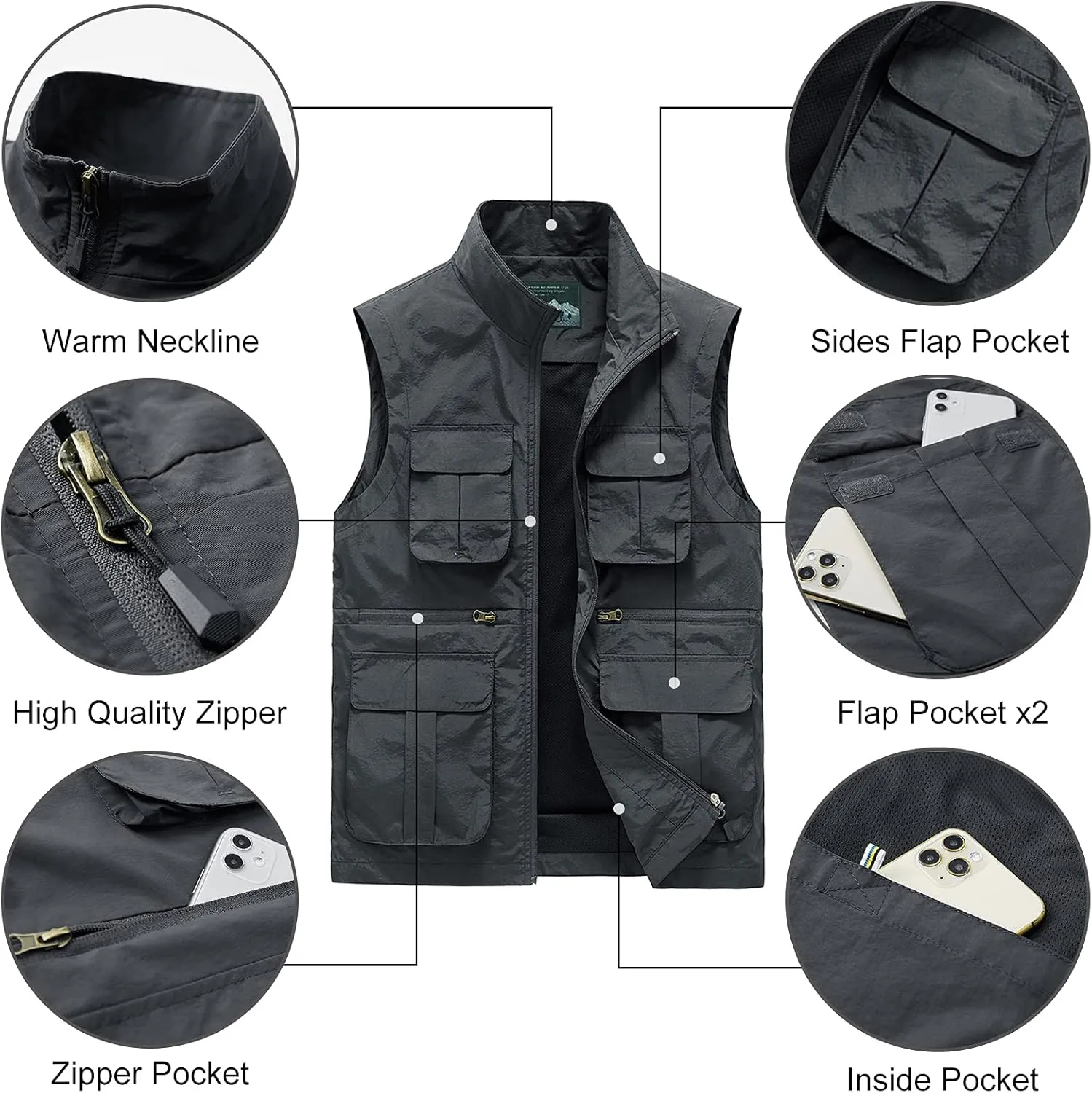 AIEOE Men's Outdoor Workout Vest Lightweight Travel Photo Vest Sleeveless Jacket with Pockets