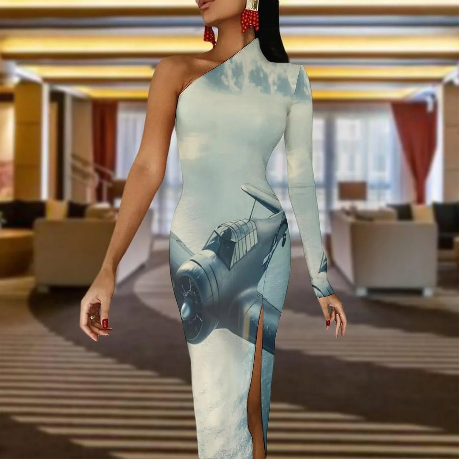 Airplane Aviation Half Sleeve Split Dress for Women Long Maxi Dress Bodycon Evening Party Dresses