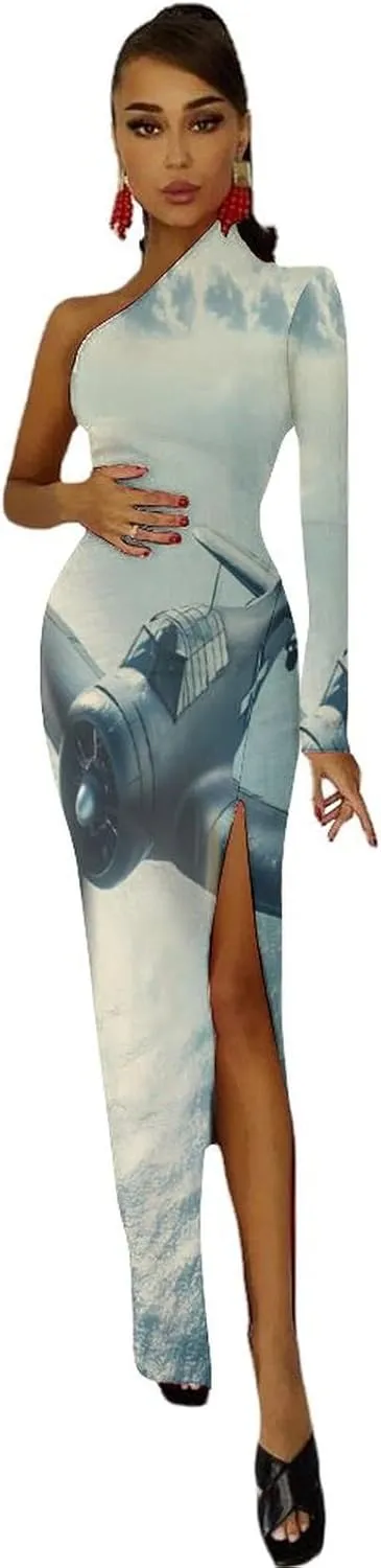 Airplane Aviation Half Sleeve Split Dress for Women Long Maxi Dress Bodycon Evening Party Dresses