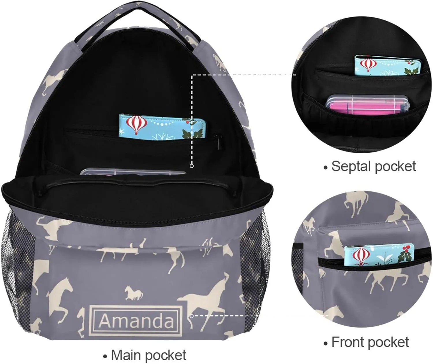 ALAZA Custom Horse Backpack for Girls Personalized Your Name Text Bookbag Kids School Backpacks Cute Purple Pony Schoolbag 3rd 4th 5th Grade Laptop Daypack