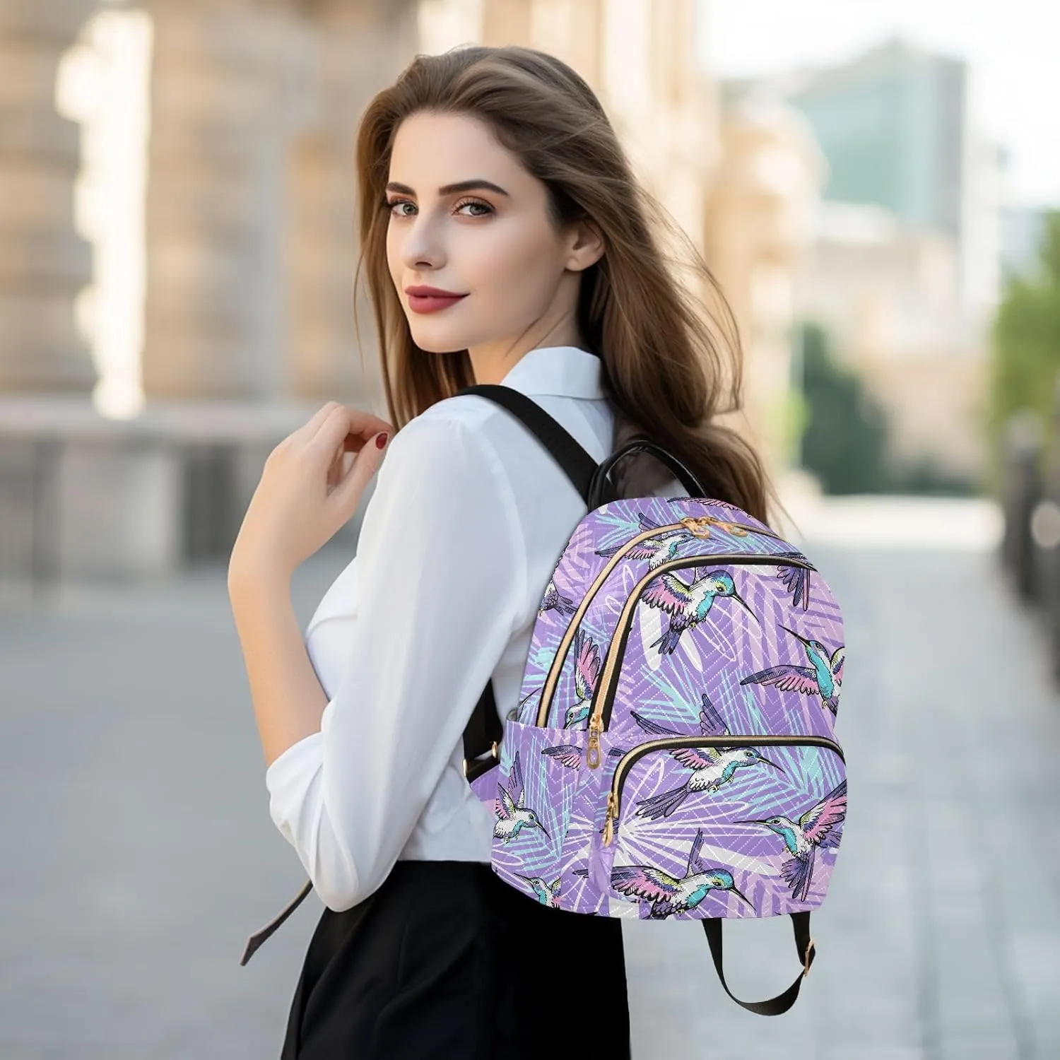 ALAZA Mini Backpack for Women, Hummingbirds Purple Jungle Travel Backpack Purse for Ladies, Small Bookbag Daypack Shoulder Bag S
