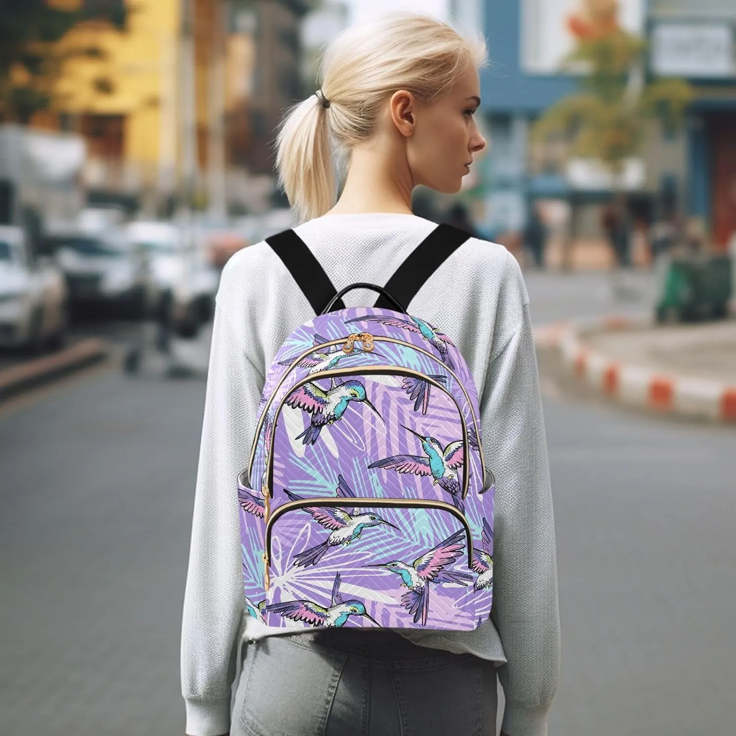 ALAZA Mini Backpack for Women, Hummingbirds Purple Jungle Travel Backpack Purse for Ladies, Small Bookbag Daypack Shoulder Bag S