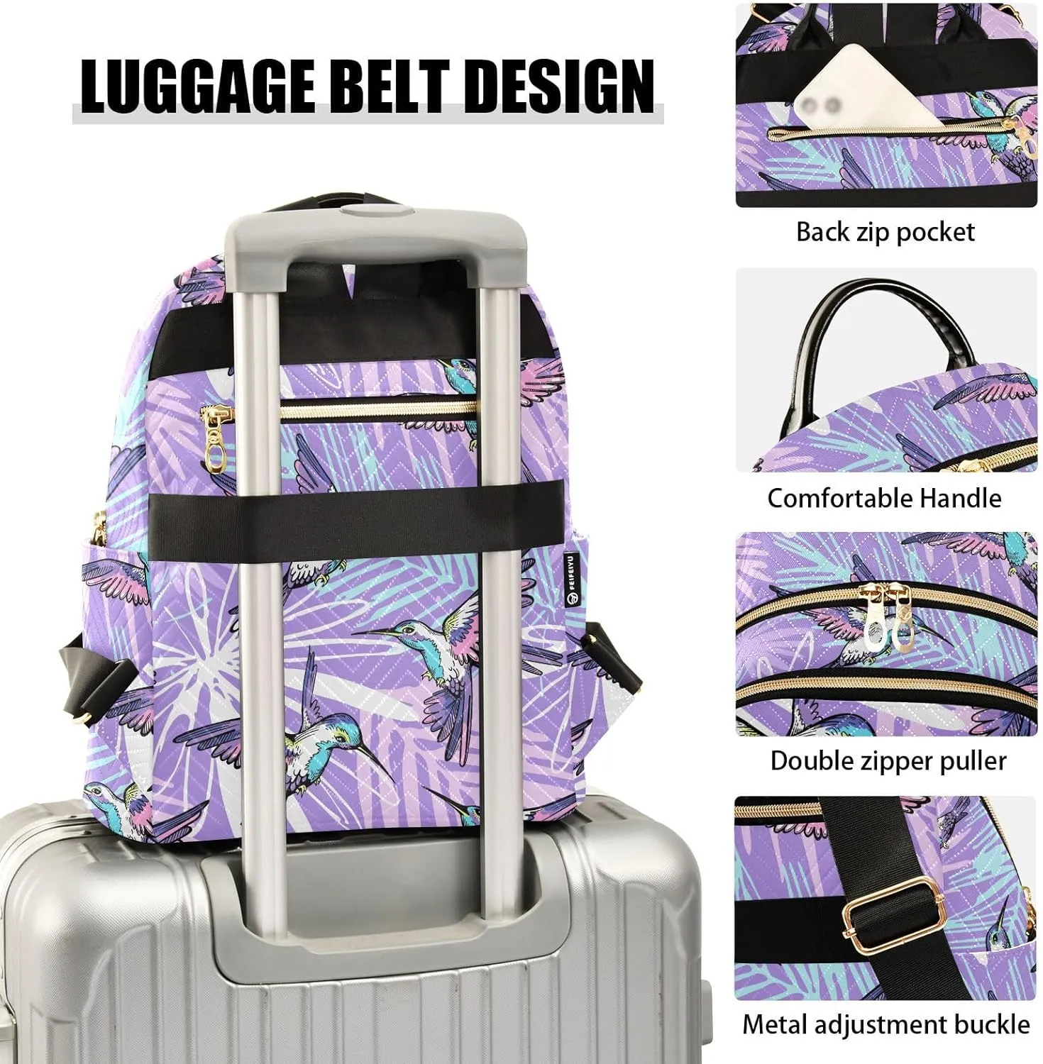 ALAZA Mini Backpack for Women, Hummingbirds Purple Jungle Travel Backpack Purse for Ladies, Small Bookbag Daypack Shoulder Bag S