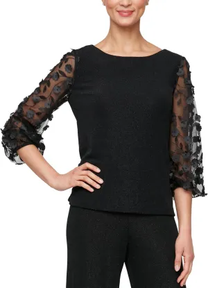 Alex Evenings Women's Metallic Knit 3/4 Blouse with 3-d Flower Illusion Sleeves, Formal Event Dress Shirt