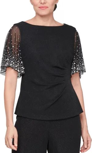 Alex Evenings Women's Metallic Knit Blouse, Formal Dress Shirt (Petite and Regular Sizes)
