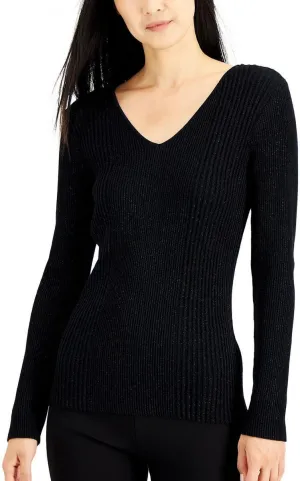 Alfani Womens Ribbed Metallic V-Neck Sweater