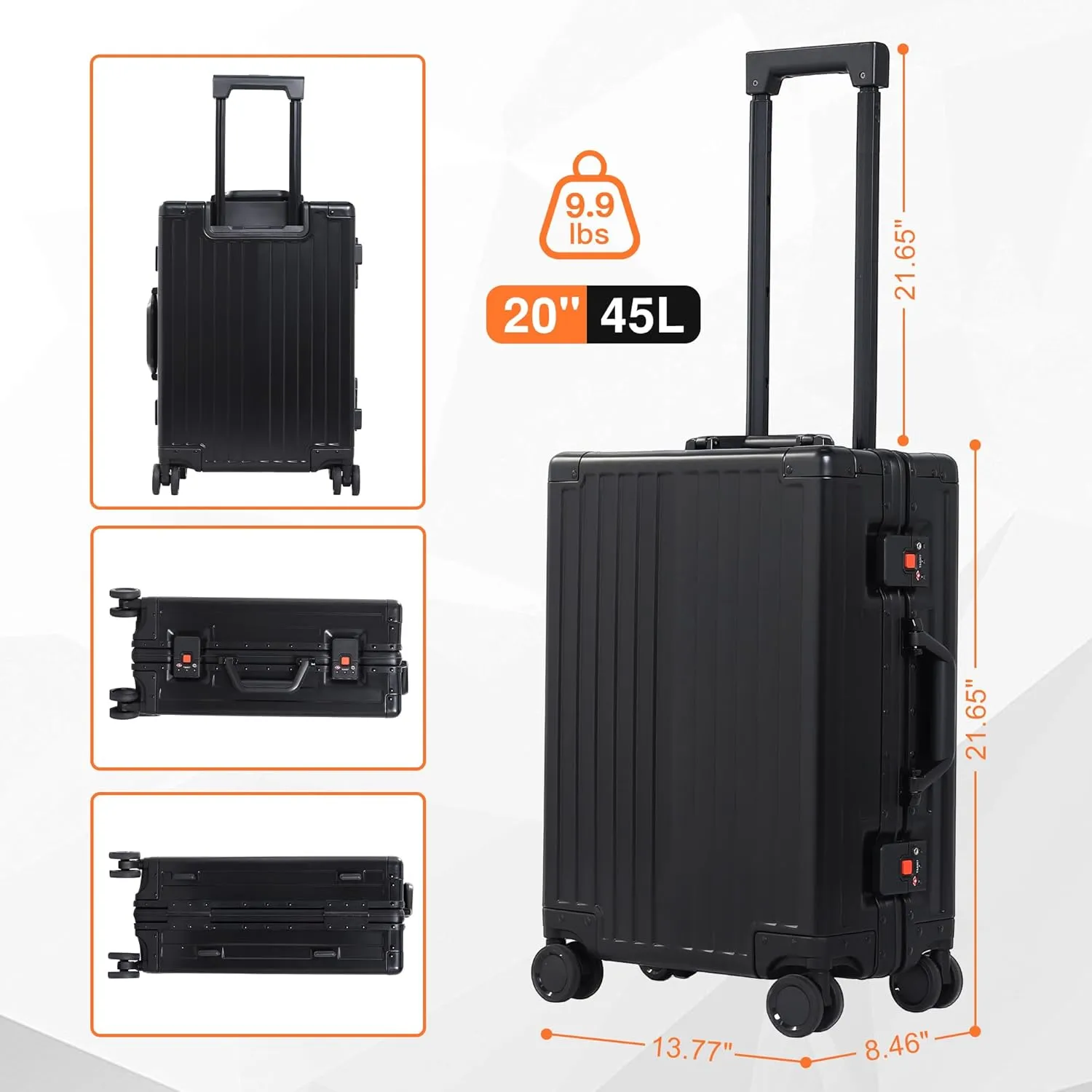 All Aluminum Carry On Luggage 22x14x9 Airline Approved，Hard Shell Carry On Luggage, Zipperless Luggage Aluminum Suitcase Luggage (black, 20inch)