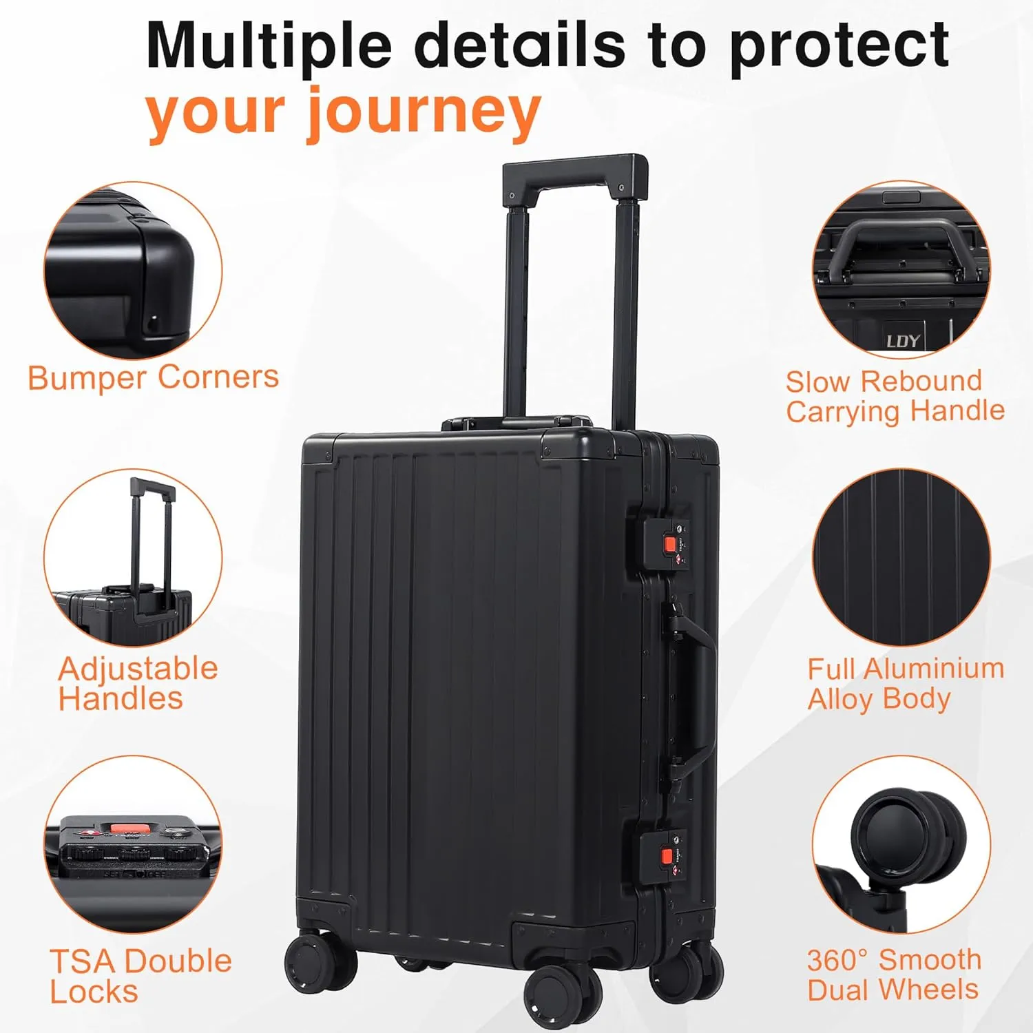 All Aluminum Carry On Luggage 22x14x9 Airline Approved，Hard Shell Carry On Luggage, Zipperless Luggage Aluminum Suitcase Luggage (black, 20inch)
