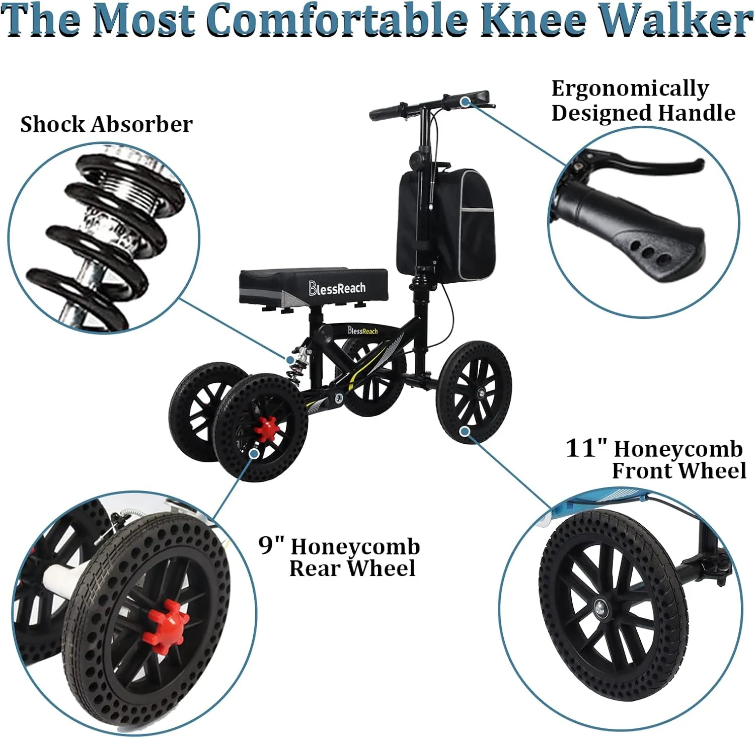 All Terrain Foldable Knee Scooter Walker - Economical Knee Walker for Foot Injuries, Compact Crutches Alternative - Black