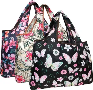 alldyrew Large Foldable Tote Nylon Reusable Grocery Bag, 3 Pack