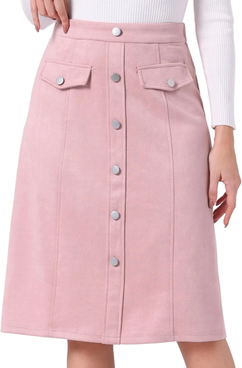 Allegra K Faux Suede Skirt for Women's Button Front High Waist 2024 Fall Knee Length A-Line Skirts