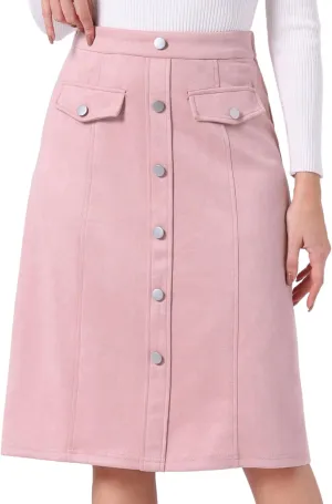 Allegra K Faux Suede Skirt for Women's Button Front High Waist 2024 Fall Knee Length A-Line Skirts