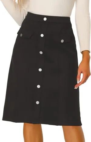 Allegra K Faux Suede Skirt for Women's Button Front High Waist 2024 Fall Knee Length A-Line Skirts